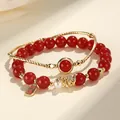 Elegant red agate bead bracelet set featuring a gold dragon charm and freshwater pearl accent - Red Agate Bracelet (SL5587)