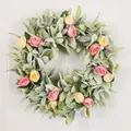 Artificial lamb's ear wreath with pink and yellow rosebuds for elegant front door decor - 50cm / Pink Garland