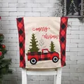 Festive Christmas chair cover featuring red and black buffalo plaid car and trees - Christmas Red Truck Plaid Style