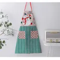Christmas linen apron with snowman print and green striped pockets for kitchen decor. - Halter Sleeveless Style / Snowman