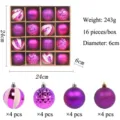 Juego de 16 bolas de Navidad moradas de 6 cm con cuatro estilos decorativos diferentes - Paquete de 16 / Púrpura