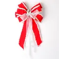 Red Christmas ribbon bow with white faux fur trim and silver reindeer ornament for tree decor - Solid Red Style