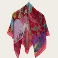 Full pattern detail of 110cm floral print silk cotton square scarf for sun protection - Burgundy Mosaic Style (Bo110cm-5#) / 110cm