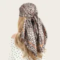 Detail view of the elegant leopard print satin square scarf styled as a fashion head wrap. - L / Classic Patchwork Leopard Style (SD90-6#)