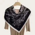 Elegant 90cm black and white floral ink-wash silk square scarf for women in literary style - Artistic Ink Painting Square Scarf / Black / 90cm