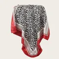 Detail view of a 90cm leopard print satin square scarf featuring red and white borders - L / Bright Red Wide Border Leopard Style (SD90-20#)