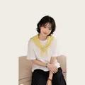 Asian model styling a minimalist yellow knitted hollow triangle scarf over white t-shirt - 100cm / Yellow