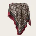 Detailed view of a 90cm leopard print satin square scarf with a wine red border drape. - L / Wine Red Edge Patchwork Leopard Style (SD90-18#)