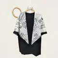Detailed view of pastoral style silk cotton square scarf paired with elegant black top - Elegant Black and White Art Print Style (Bo110cm-19#) / 110cm