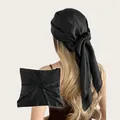 Detailed view of the black satin square scarf featuring a smooth texture and head wrap styling. - 90cm Pack / Black (SD90cm-1#)