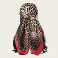 Detailed back view of a leopard print satin square scarf with a red border tied on hair - L / Red Edge Patchwork Leopard Style (SD90-11#)