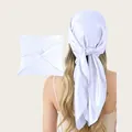 Detailed view of a white satin square scarf showing texture and back-worn style. - 90cm Pack / White (SD90cm-3#)