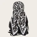 Detailed view of a 90cm leopard print satin square scarf showing smooth texture and drape - L / Black Border Black and White Leopard Style (SD90-17#)