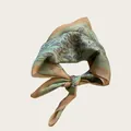 Elegant vintage green and tan paisley pattern silk-like square scarf, stylishly knotted - 68cm / Light Green Paisley