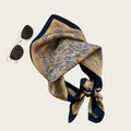 Vintage ochre and navy paisley silk bandana scarf tied in a stylish knot - 68cm / Champagne Paisley