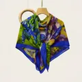 Detail of artistic floral print silk cotton square scarf with vibrant irises pattern - Blue-Purple Iris Style (Bo110cm-29#) / 110cm