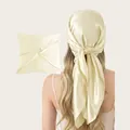 Back view of elegant champagne satin headscarf tied on blonde model's long wavy hair - 90cm Pack / Pale Yellow (SD90cm-4#)