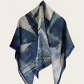 Detailed view of a silk-cotton square scarf with blue abstract artistic patterns. - Blue Tone Abstract Art Style (Bo110cm-13#) / 110cm