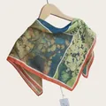 Vintage oil painting style cotton square scarf for women, lightweight and soft neckerchief - 70cm / Oil Painting Green