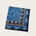 Detailed view of vibrant blue floral and geometric prints on a premium square silk scarf - 58cm / Bright Blue Floral