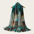 Detailed view of lightweight watercolor gradient rayon scarf with abstract teal and orange pattern - Blue and Orange Gradient Style (RM70/180-41#) / 180cm