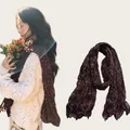 Detailed display of a lightweight pleated burgundy floral cotton linen long scarf for women - 180cm Long / Floral Jujube Red