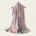 Detail showing the soft drape and watercolor gradient pattern of the rayon scarf. - Sakura Pink and Smoky Grey Style (RM70/180-34#) / 180cm