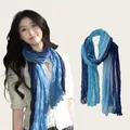 Detailed view of long blue gradient wrinkled cotton linen scarf on an Asian model - 180cm / Blue Gradient Scarf