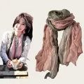 Detail of literary crinkled cotton linen scarf in olive and rose gradient - 180cm / Pink Green Gradient