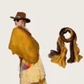 Detailed view of a pleated cotton-linen scarf in yellow and brown gradient tones. - 180cm / Yellow Brown Gradient
