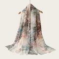 Detailed view of lightweight watercolor gradient scarf draped on wooden hanger - Morandi Blue Orange Pink Gradient Style(RM70/180-18#) / 180cm