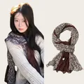 Vintage floral print pleated cotton linen scarf shown on model and flat for accessory detail - 180cm Long / Brown Floral