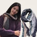 Bohemian multicolor pleated cotton linen scarf with thin artistic gradient design for women - Gray Pink Beige Gradient