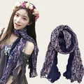 Bohemian vintage floral pleated cotton linen scarf thin shawl for travel photography and styling - Purple Blue Floral