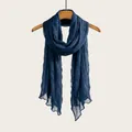 Deep navy blue pleated cotton linen scarf with soft wrinkled texture for elegant styling - Navy Blue