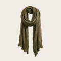 Elegant olive green lightweight crinkle cotton linen scarf with decorative wavy edges - Army Green
