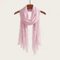 Elegant light pink crinkled cotton linen scarf shawl with a soft pleated texture for women - Pink