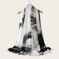 Elegant watercolor marble print viscose scarf in black and white gradient design for women. - Watercolor Marble Gradient Style (RM70/180-21#) / 180cm