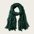 Dark green crinkled cotton linen scarf for women, elegant long thin wrap accessory. - 180cm / Dark Green