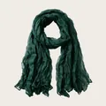 Elegant dark green pleated cotton linen scarf and shawl for women, travel accessory - Dark Green