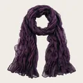 Elegant deep purple crinkled cotton linen scarf for women, lightweight and long style - 180cm Long / Purple