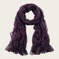 Lightweight pleated cotton linen scarf in elegant dark purple for travel and daily wear. - Purple