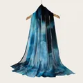 Elegant lightweight rayon scarf featuring a beautiful blue watercolor gradient and stripe pattern - Blue Black Watercolor Gradient Style (RM70/180-29#) / 180cm