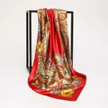 Elegante pañuelo cuadrado de seda satinada con estampado de cachemira en rojo y dorado - Pieza de 90cm / Cachemira Rojo (90SD-2#)