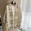 Lightweight vintage floral printed silk shawl with elegant green and white tassels decor - 180cm / Beige Green Window Grille