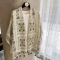 Elegant floral print cotton linen sun protection shawl with decorative tassels for beach - 180cm / Beige Green Window Grille