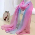 Detailed view of a long gradient chiffon scarf in pink and purple draped on a mannequin - Pink Blue Gradient / 160cm