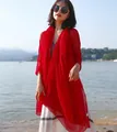 Elegant long red sun protection shawl wrap worn by Asian model at the sunny beach - Long (140-180cm) / Red