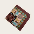 Close-up detail of geometric tribal print silk scarf with brown and blue patterns - 58cm / Vintage Brown Tribal Totem (58CM-30#)