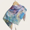 Artistic oil painting floral square scarf in soft cotton fabric for autumn - 70cm / Bright Blue